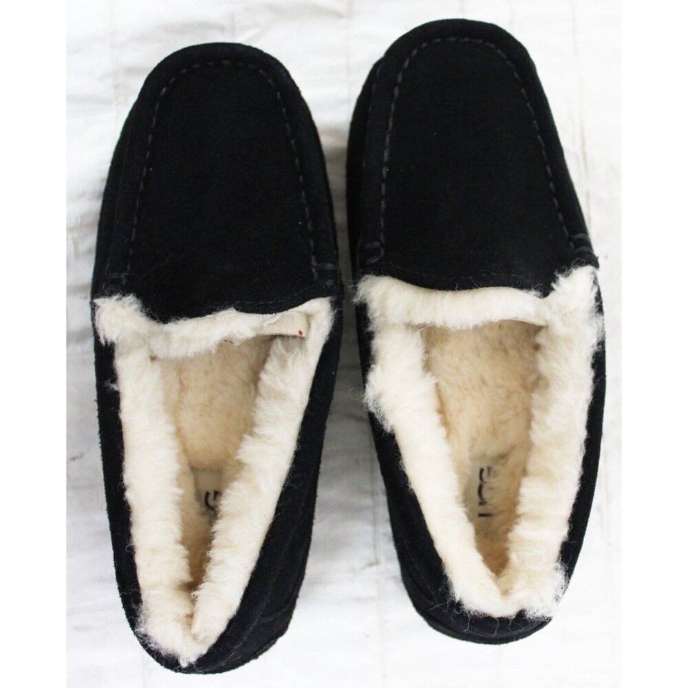 UGG Kid's Ascot Loafers sz 1 Black Suede Wool Fur Soft Comfortable Slipper